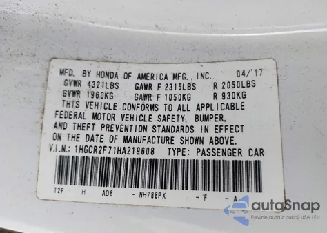 2017 Honda Accord Ex из США, поврежденный, VIN 1HGCR2F71HA219608